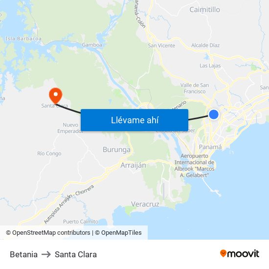 Betania to Santa Clara map