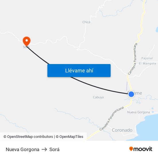 Nueva Gorgona to Sorá map