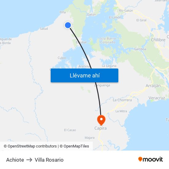 Achiote to Villa Rosario map