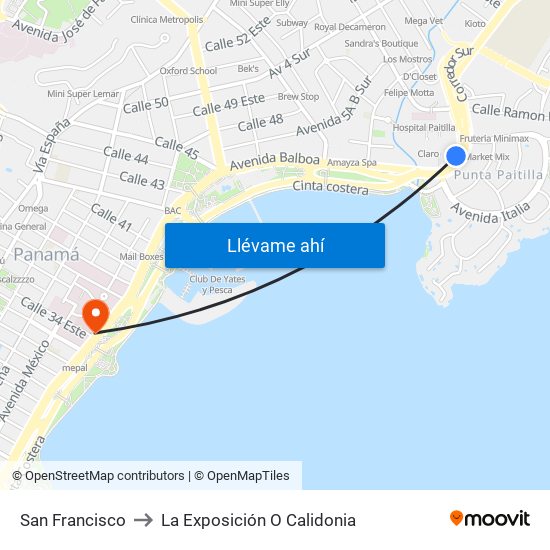 San Francisco to La Exposición O Calidonia map