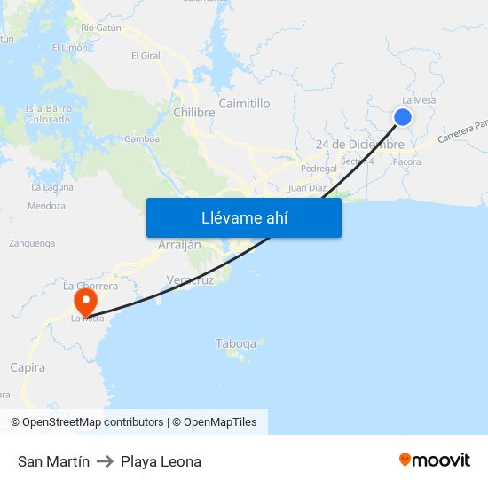 San Martín to Playa Leona map