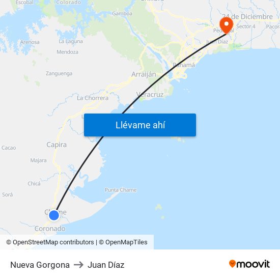 Nueva Gorgona to Juan Díaz map