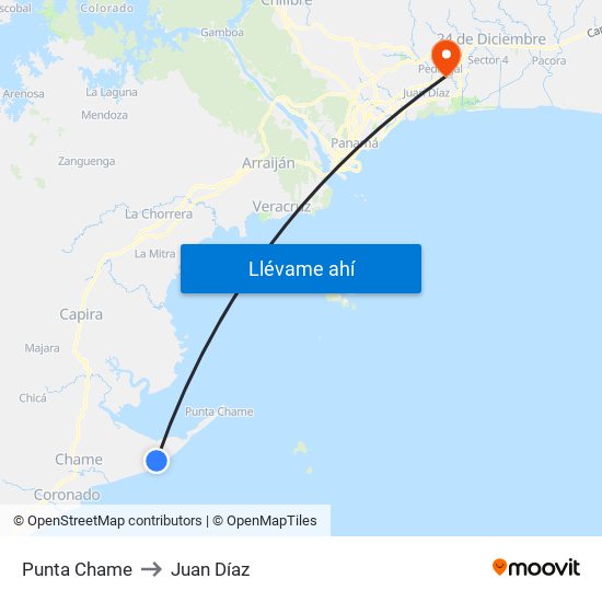 Punta Chame to Juan Díaz map