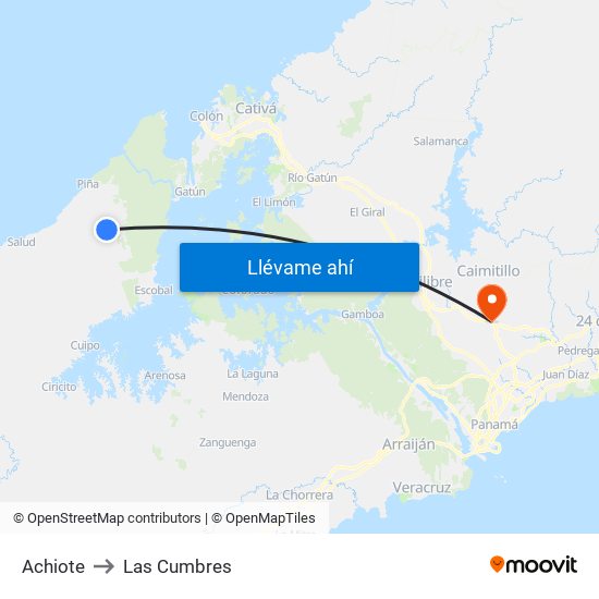 Achiote to Las Cumbres map