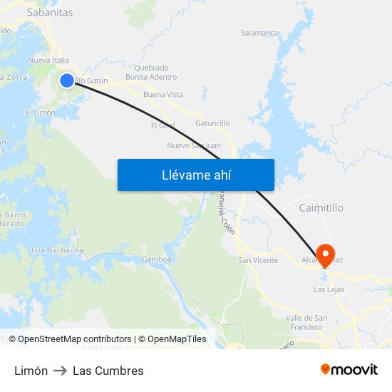Limón to Las Cumbres map