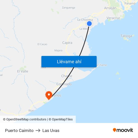 Puerto Caimito to Las Uvas map