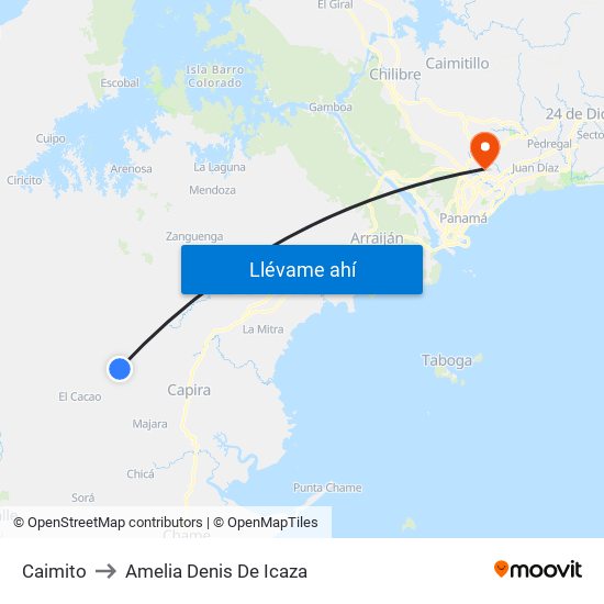 Caimito to Amelia Denis De Icaza map