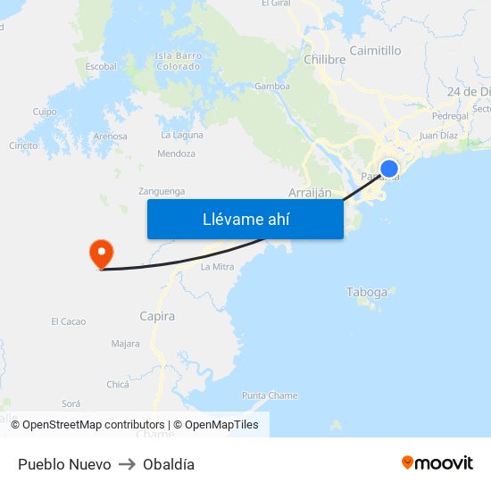 Pueblo Nuevo to Obaldía map