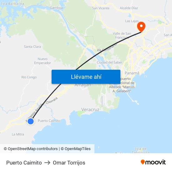 Puerto Caimito to Omar Torrijos map