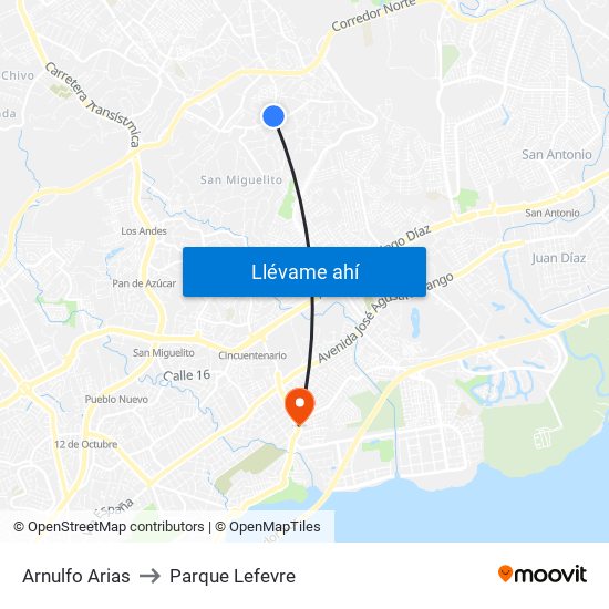 Arnulfo Arias to Parque Lefevre map