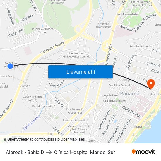 Albrook - Bahía D to Clínica Hospital Mar del Sur map