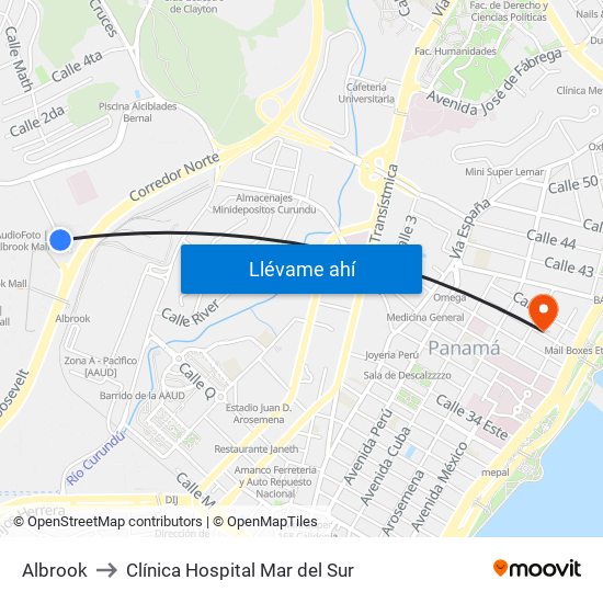 Albrook to Clínica Hospital Mar del Sur map