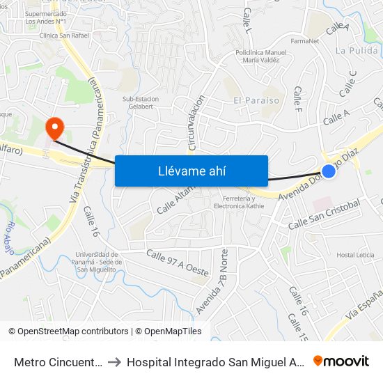 Metro Cincuentenario-R to Hospital Integrado San Miguel Arcángel [Hisma] map