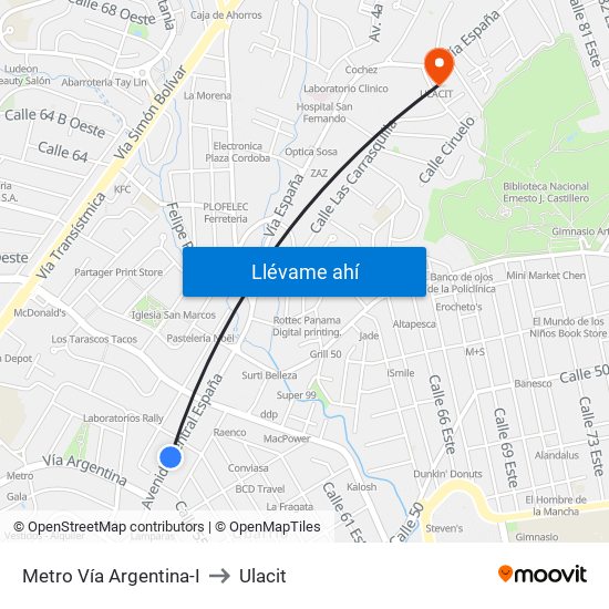 Metro Vía Argentina-I to Ulacit map