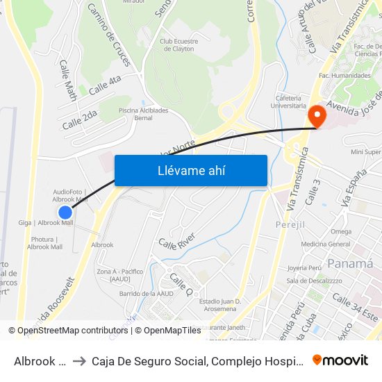 Albrook - Bahía G to Caja De Seguro Social, Complejo Hospitalario Dr. Arnulfo Arias Madrid map