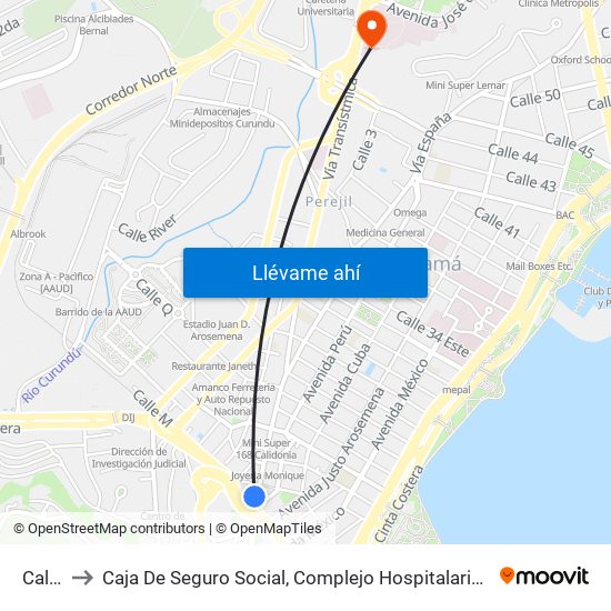 Calle M to Caja De Seguro Social, Complejo Hospitalario Dr. Arnulfo Arias Madrid map