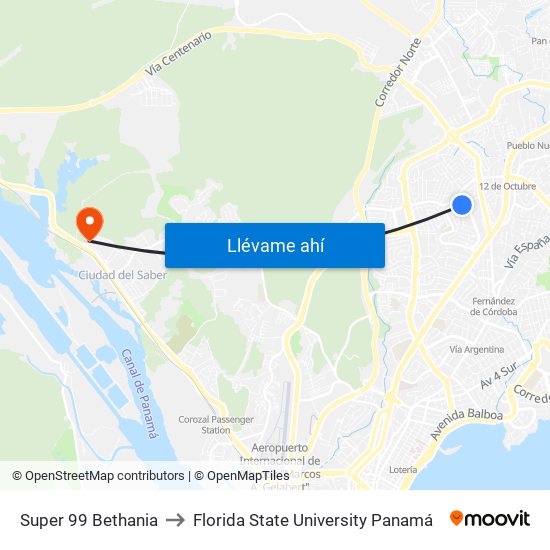 Super 99 Bethania to Florida State University Panamá map