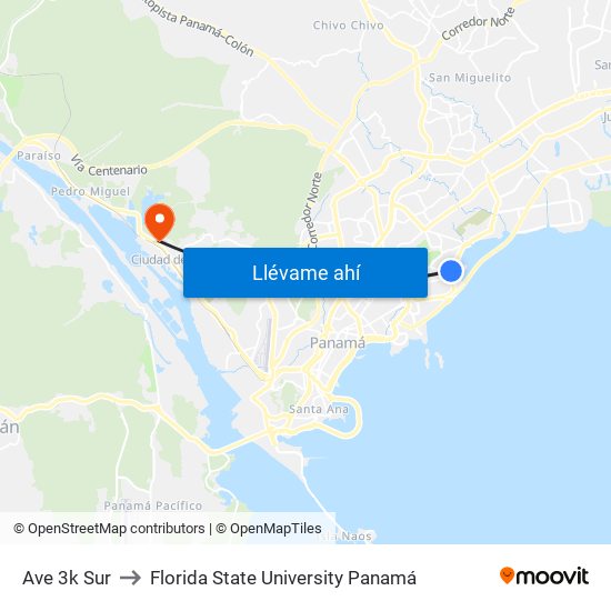 Ave 3k Sur to Florida State University Panamá map