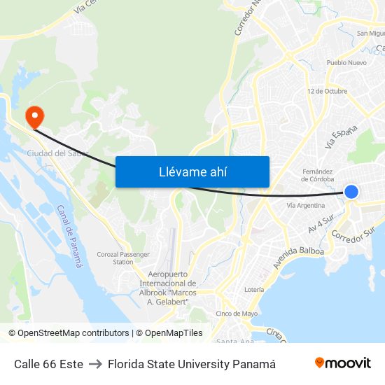 Calle 66 Este to Florida State University Panamá map