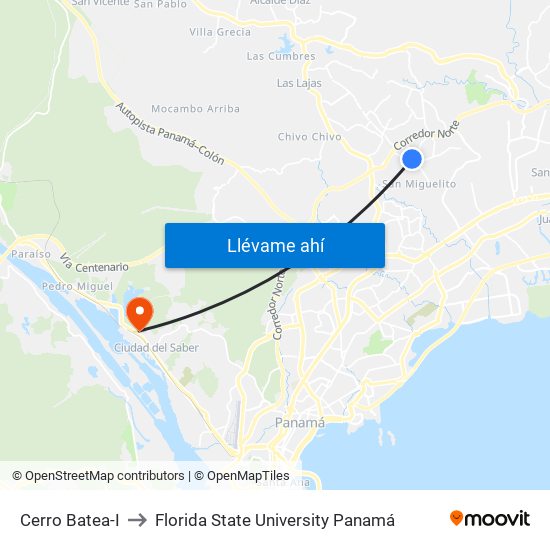 Cerro Batea-I to Florida State University Panamá map