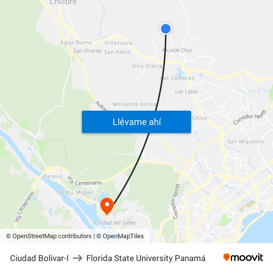 Ciudad Bolivar-I to Florida State University Panamá map