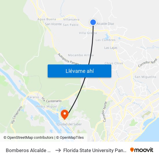 Bomberos Alcalde Diaz to Florida State University Panamá map