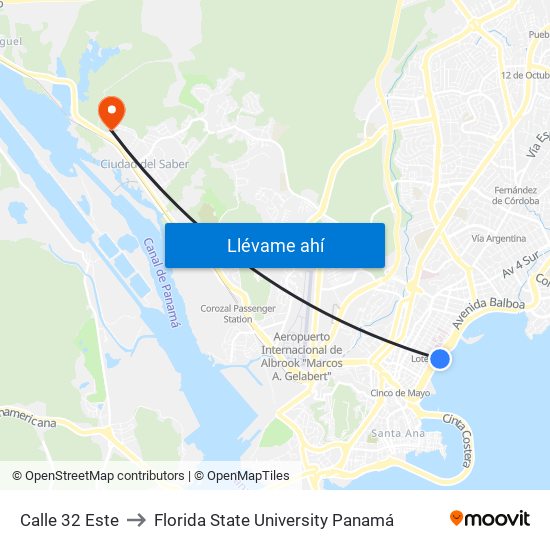 Calle 32 Este to Florida State University Panamá map