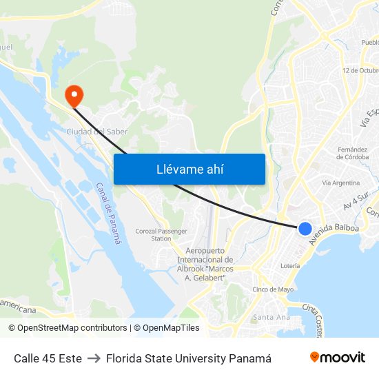 Calle 45 Este to Florida State University Panamá map