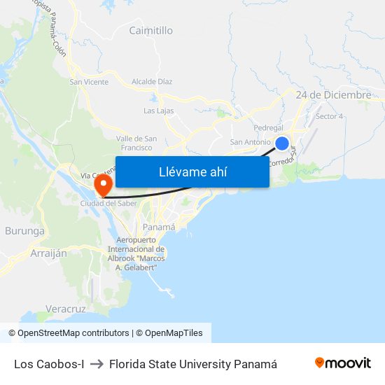 Los Caobos-I to Florida State University Panamá map