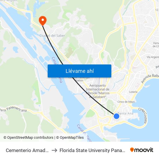 Cementerio Amador to Florida State University Panamá map