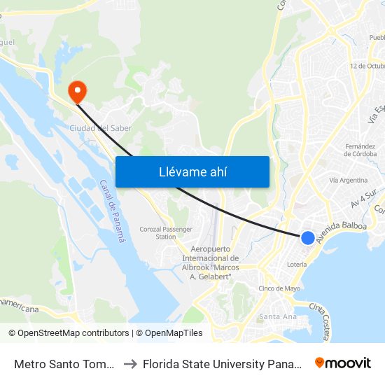 Metro Santo Tomás to Florida State University Panamá map