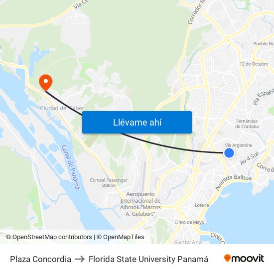 Plaza Concordia to Florida State University Panamá map