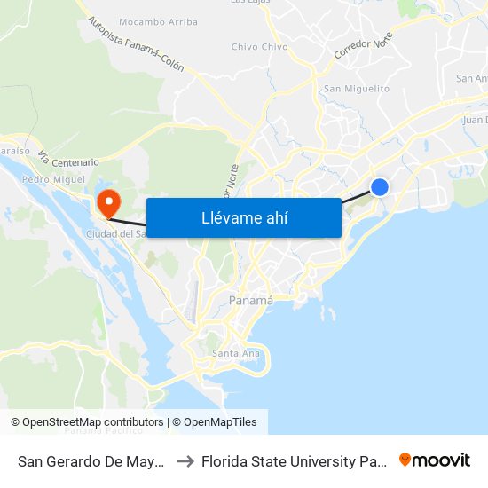 San Gerardo De Mayela-R to Florida State University Panamá map