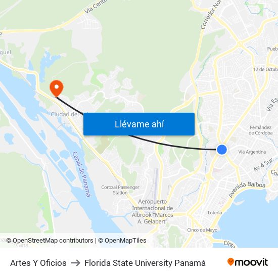 Artes Y Oficios to Florida State University Panamá map