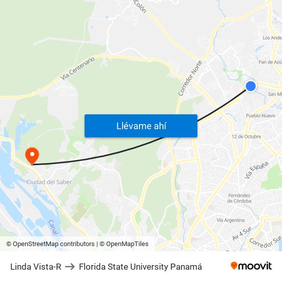 Linda Vista-R to Florida State University Panamá map