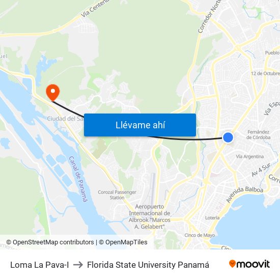 Loma La Pava-I to Florida State University Panamá map