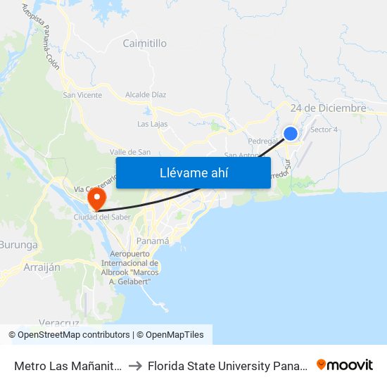 Metro Las Mañanitas to Florida State University Panamá map