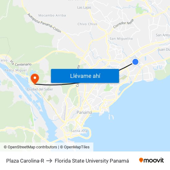 Plaza Carolina-R to Florida State University Panamá map