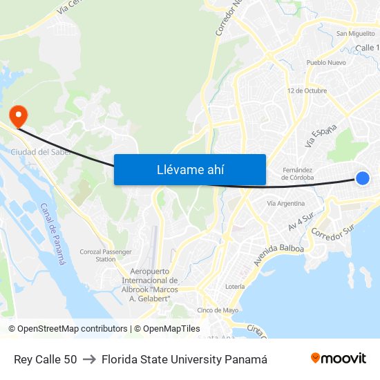 Rey Calle 50 to Florida State University Panamá map