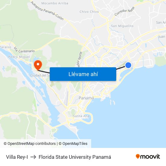 Villa Rey-I to Florida State University Panamá map
