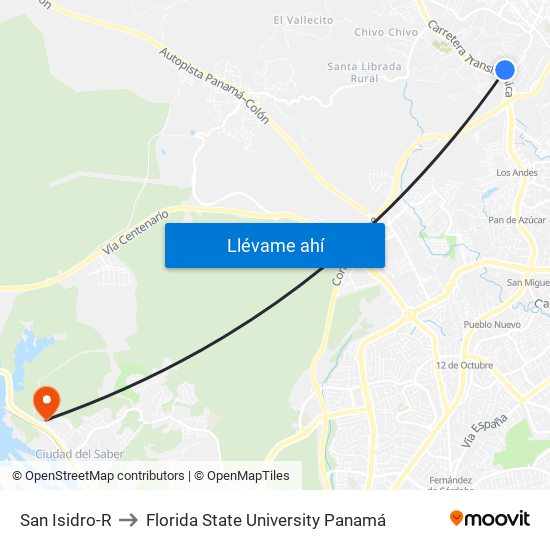 San Isidro-R to Florida State University Panamá map