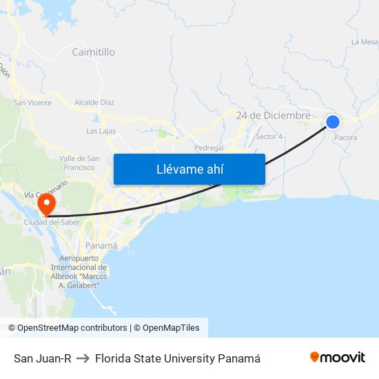 San Juan-R to Florida State University Panamá map