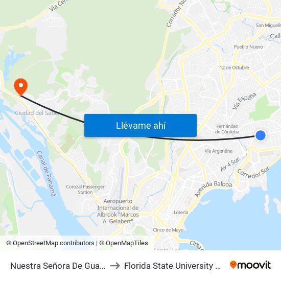 Nuestra Señora De Guadalupe to Florida State University Panamá map