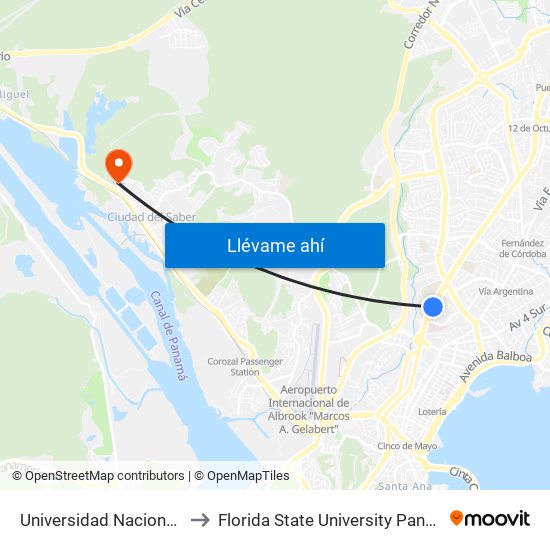 Universidad Nacional-R to Florida State University Panamá map