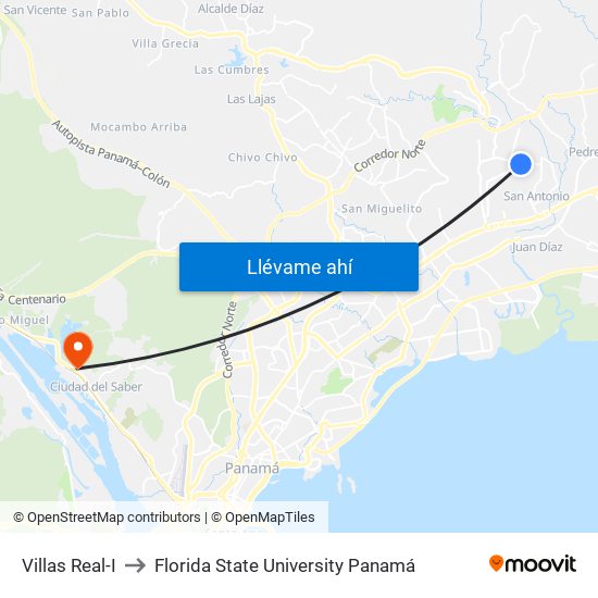 Villas Real-I to Florida State University Panamá map
