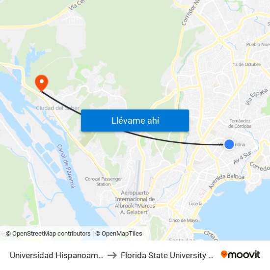 Universidad Hispanoamericana to Florida State University Panamá map