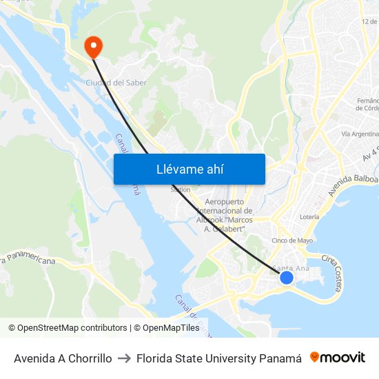 Avenida A Chorrillo to Florida State University Panamá map