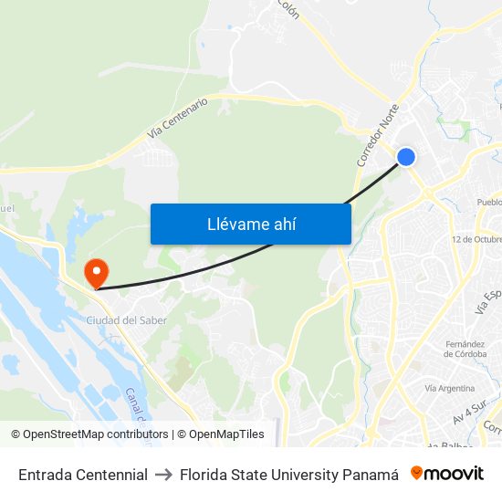 Entrada Centennial to Florida State University Panamá map