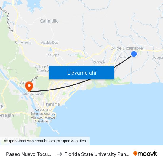Paseo Nuevo Tocumen to Florida State University Panamá map