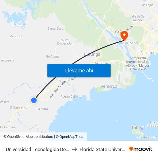 Universidad Tecnológica De Panamá Oeste to Florida State University Panamá map